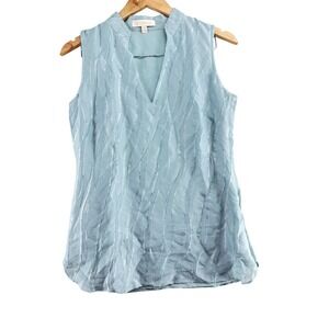 Etcetera Light Blue Silk Blend Wavy Fringe Sleeveless V-Neck Blouse Top Size 0